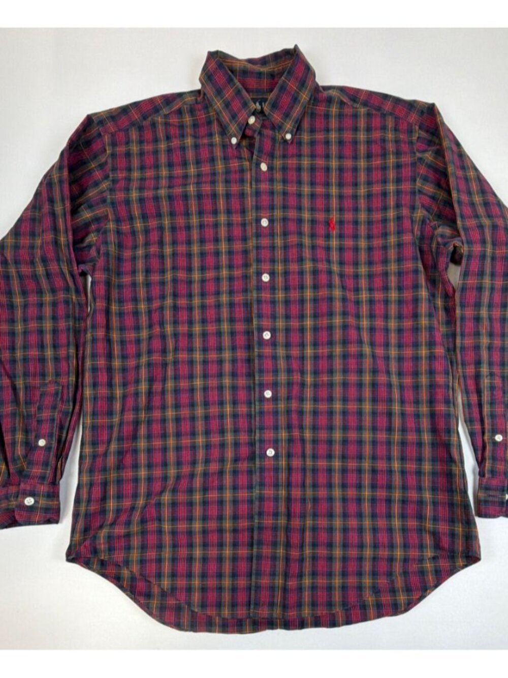VintageRalph Lauren Men 15.5 Classic Fit Navy Red Plaid Cotton Button Down Shirt